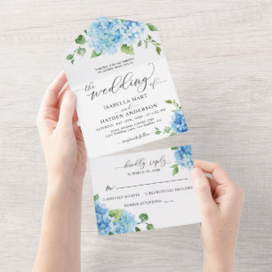Light Blue Floral Botanical Hydrangea Boho Wedding All In One Invitation