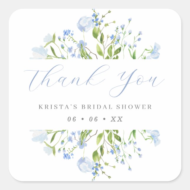Light Blue Floral Bridal Shower Thank You Square Sticker (Front)