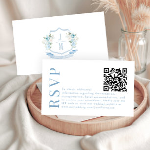 Light Blue Floral Crest Wedding RSVP QR code cards