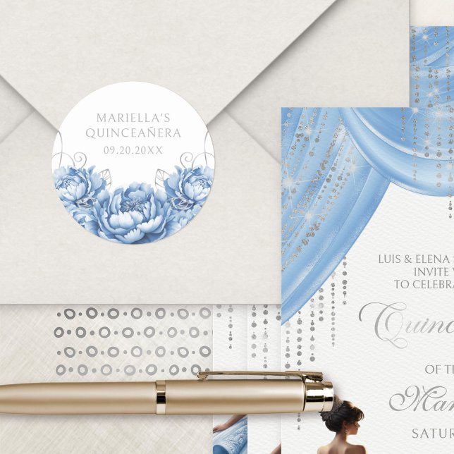 Light Blue Floral Elegant Quinceanera Classic Round Sticker (Creator Uploaded)