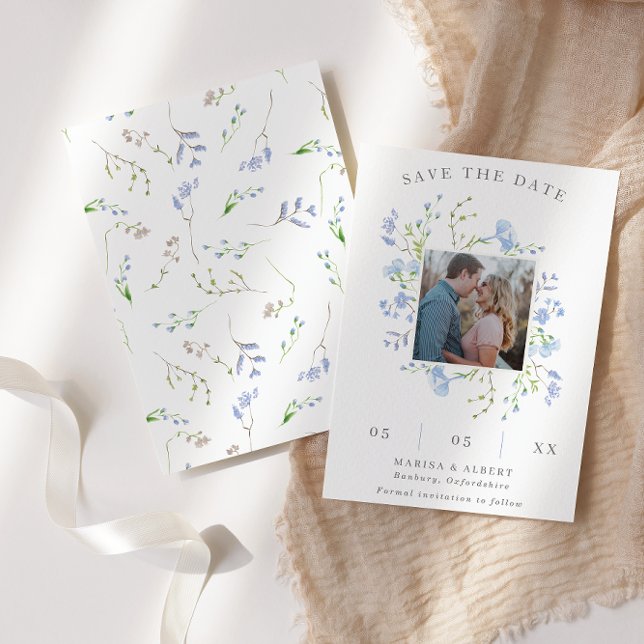Light Blue Floral Frame Photo Save The Date (Creator Uploaded)