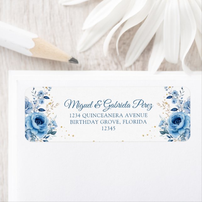 Light Blue Floral Gold Parties scintillant Adresse (En situation)