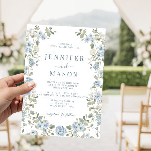 Light Blue Floral Greenery Wreath Garden Wedding Invitation