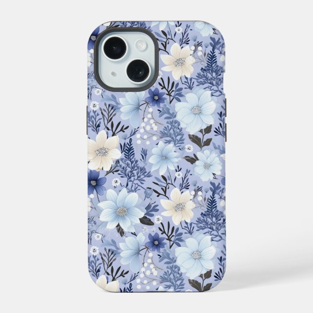 Light Blue Floral Pattern iPhone 15 Case (Back)