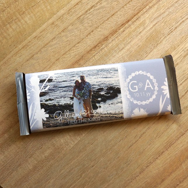 Light Blue Floral, Photo Wedding Candy Bar Wrapper (Light blue wedding candy chocolate bar label, personalized couple photo monogram candy bar wrapper)