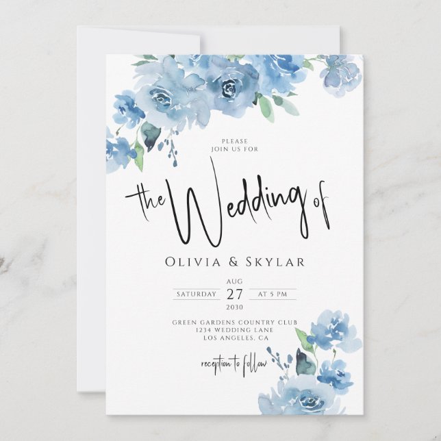 Light Blue Floral QR Code RSVP All In One Wedding Invitation (Front)