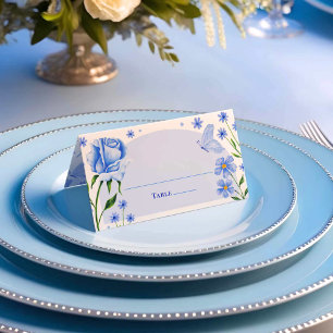 Light Blue Floral Roses & Butterfly Quinceañera Place Card