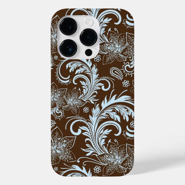 Light Blue Floral Swirls On Brown Case-Mate iPhone Case (Back)
