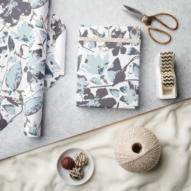 Light Blue Floral Watercolor Clematis Vine Wrapping Paper (Crafts)