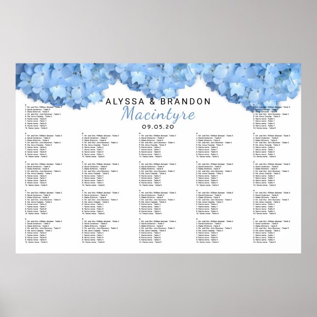 Light Blue Floral Wedding Reception Seating Chart (Front)