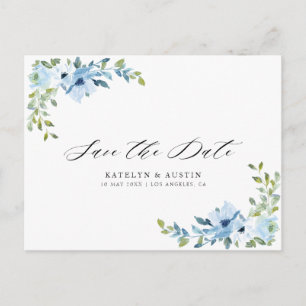 light blue floral wedding save the date postcard
