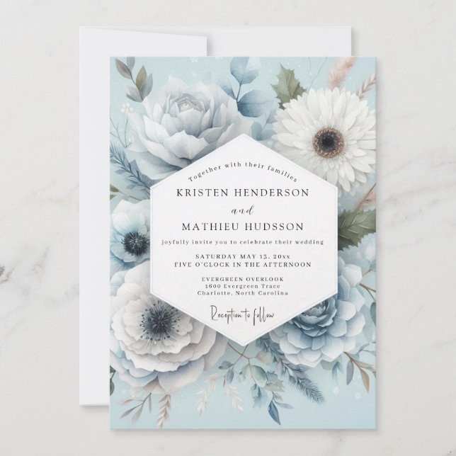 Light Blue Floral Whimsical Wedding Invitation (Front)