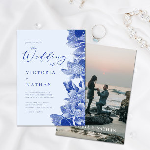 Light Blue Floral With Photo Chinoiserie Wedding I Invitation