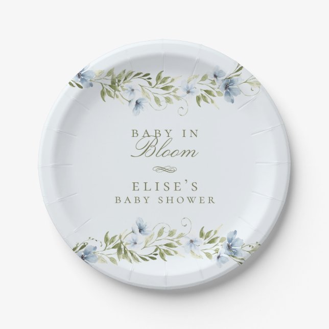 Light Blue Floral Wreath Baby in Bloom Baby Shower Paper Plate (Front)