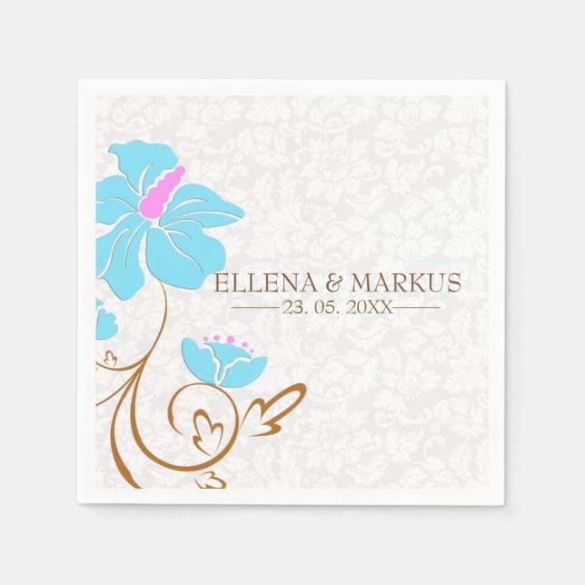 Light Blue Flower And White Damasks Paper Napkins (Front)
