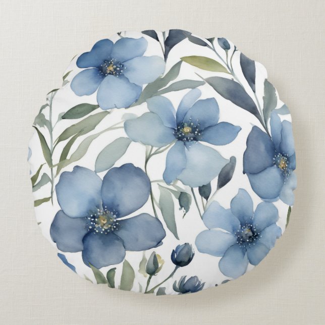 Light Blue Flower Floral Design Watercolors Round Pillow (Front)