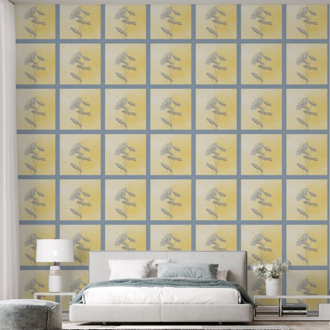 Light blue flowers on yellow wallpaper (Bedroom)