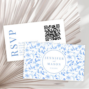 Light blue folk floral wedding RSVP QR code cards