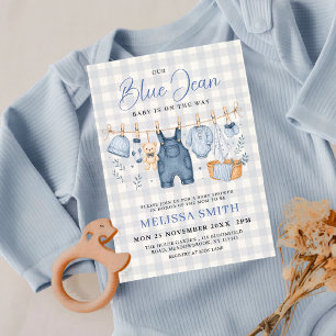 Light Blue Gingham Blue Jean Baby Denim Shower Invitation