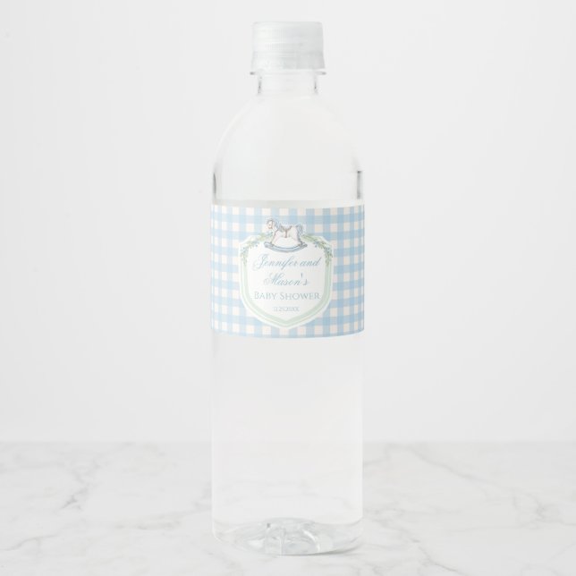 Light blue gingham horse crest baby boy shower water bottle label (Front)