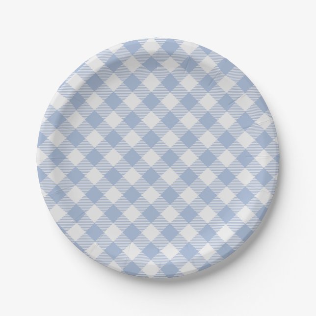 Light Blue Gingham Pattern Classic Chequered Print Paper Plate (Front)