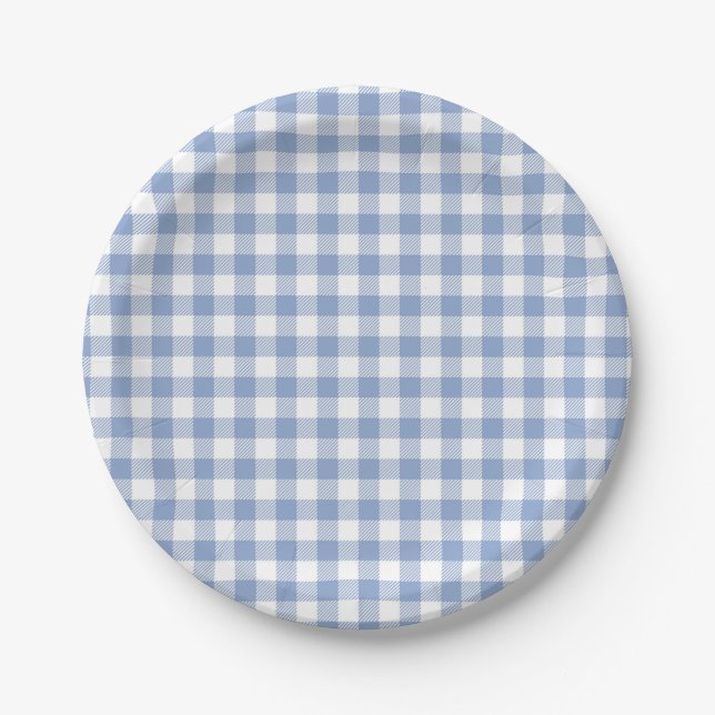 Light Blue Gingham Pattern Classic Chequered Print Paper Plate (Front)