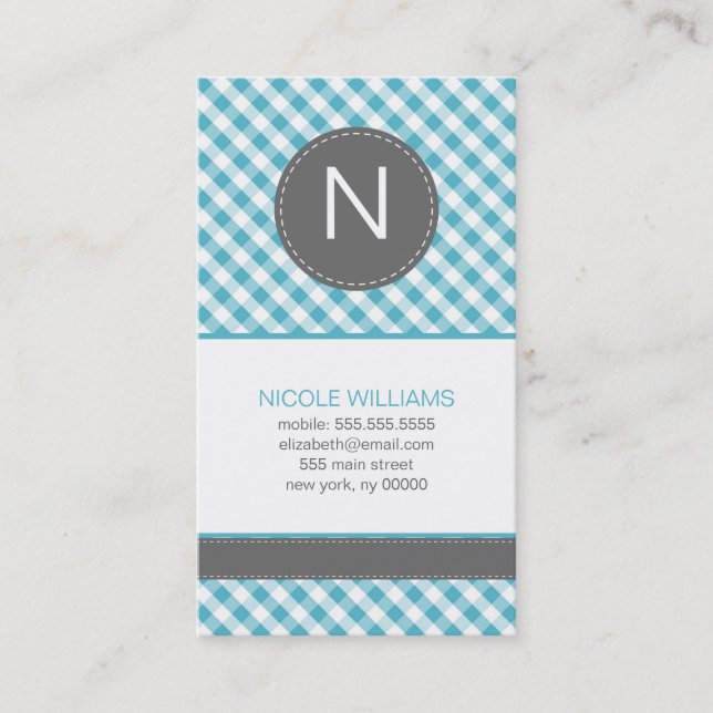 Light Blue Gingham Pattern Monogrammed Business Card (Front)