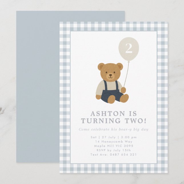 Light Blue Gingham Teddy Bear Birthday Invitation (Front/Back)