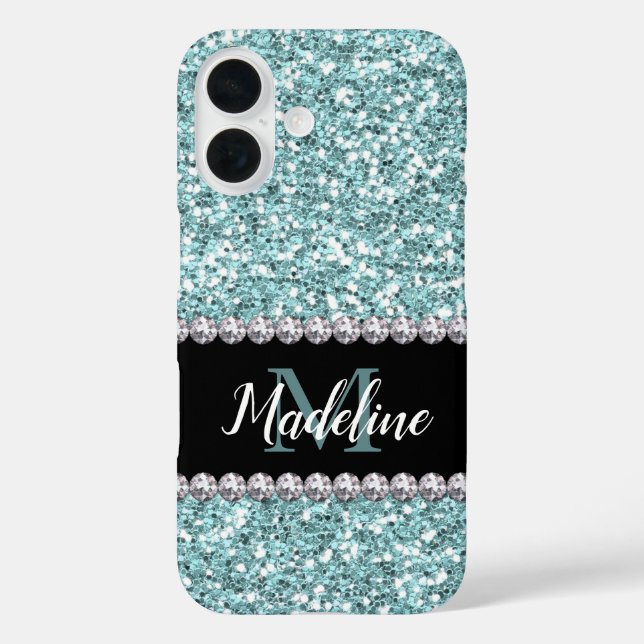 Light Blue Glitter & Gems with Name and Monogram Case-Mate iPhone Case (Back)