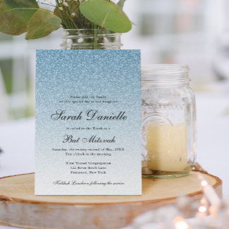 Light Blue Glitter Glam Bat Mitzvah Invitation