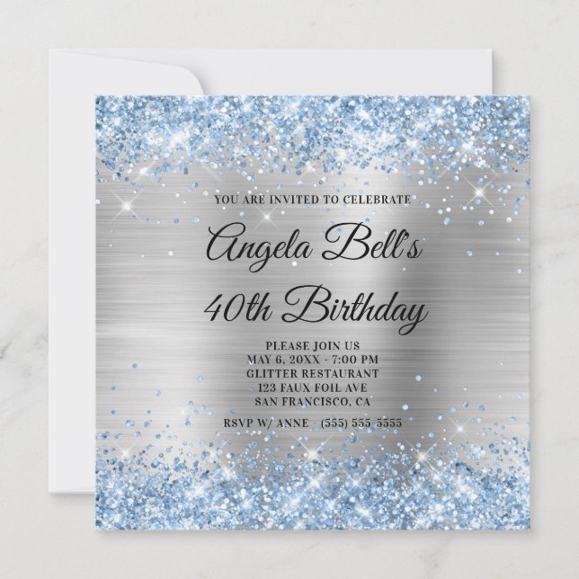 Light Blue Glitter Silver Shimmer Foil Monogram Invitation (Front)