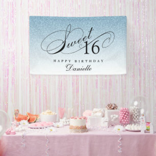 Light Blue Glitter Sweet 16 Personalized Birthday  Banner