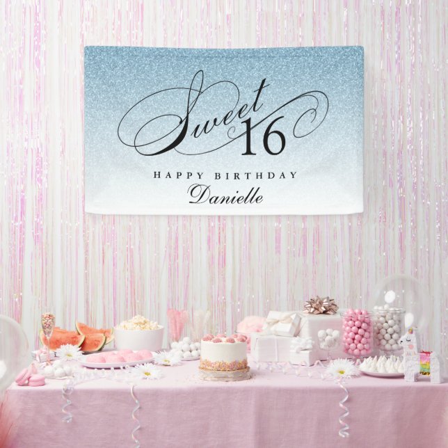 Light Blue Glitter Sweet 16 Personalized Birthday  Banner (Party)