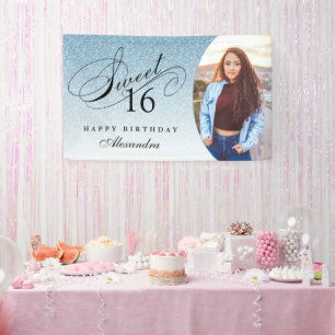 Light Blue Glitter Sweet 16 Personalized Photo Banner
