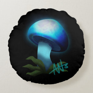 Light Blue Glowing Mushroom Round Pillow