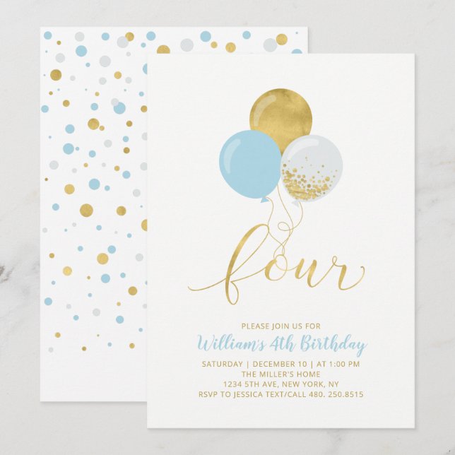 Light Blue & Gold Balloons Four 4th Birthday Party Invitation (Front/Back)