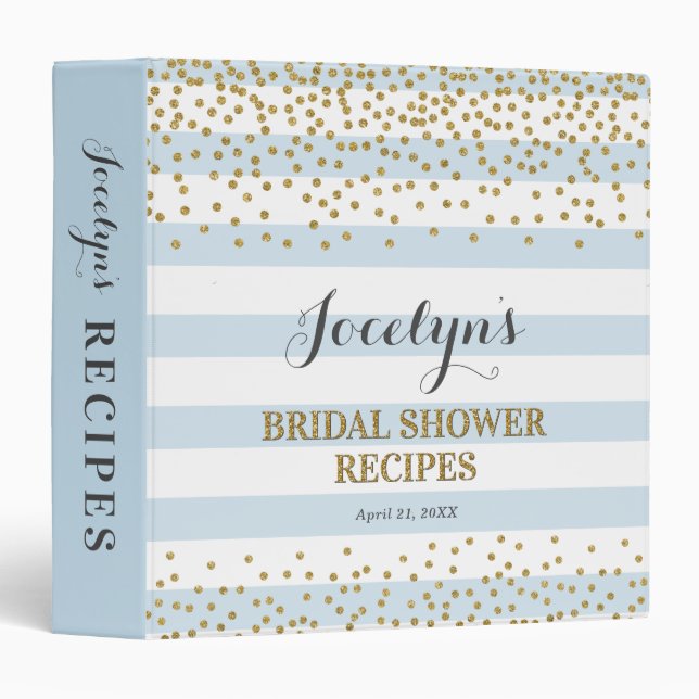 Light Blue Gold Glitter Bridal Shower Recipe Book Binder (Front/Spine)