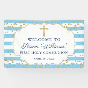 Light Blue Gold Glitter First Holy Communion Banner