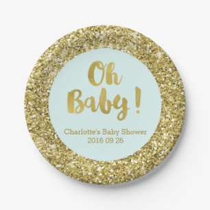 Light Blue Gold Glitter Oh Baby Baby Shower Plate