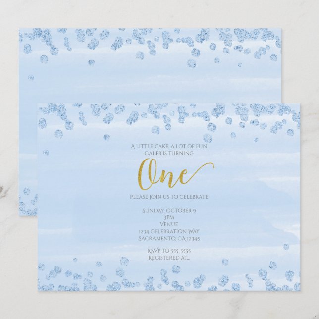Light Blue & Gold ONE 1st Birthday Invitation (Front/Back)