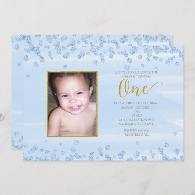 Light Blue Gold ONE 1st Birthday Photo Invitation (Front/Back)