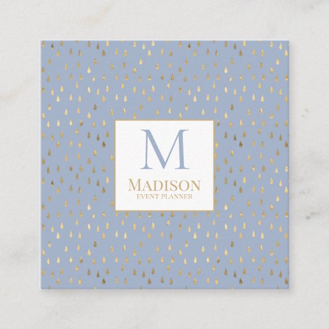 Light Blue Gold Raindrop Modern Trendy Monogram Square Business Card (Front)
