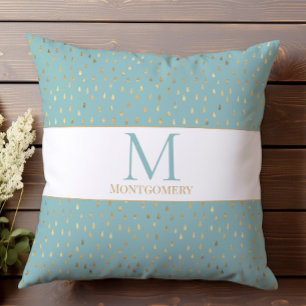 Light Blue Gold Raindrop Modern Trendy Monogram Throw Pillow