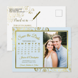 Light Blue & Gold Wedding Save Date Calendar Photo Announcement Postcard