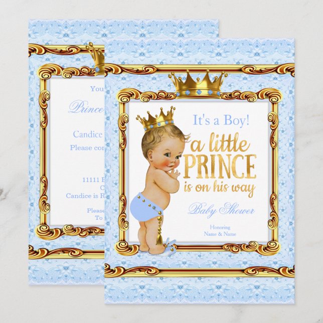 Light Blue Gold White Prince Baby Shower Blonde Invitation (Front/Back)