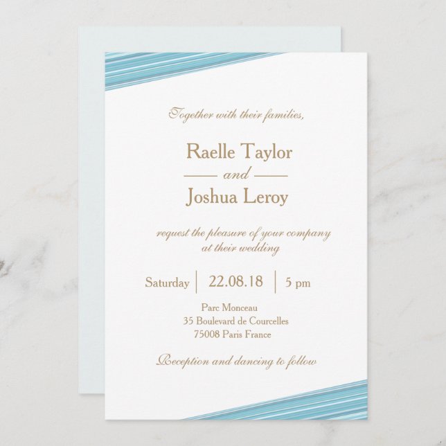 Light blue gold white subtle stripes wedding invitation (Front/Back)
