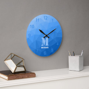 Light blue gradient Geometry Mesh Pattern Monogram Large Clock