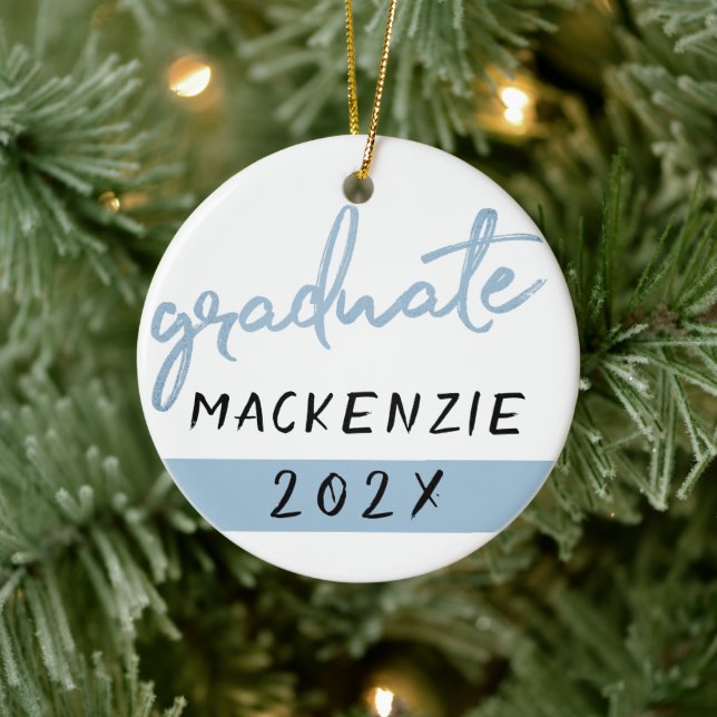 Light Blue Graduate | Cool Brush Script on White Ceramic Ornament (Tree)