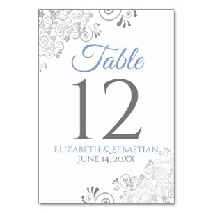 Light Blue & Gray Elegant Filigree Wedding Table Number