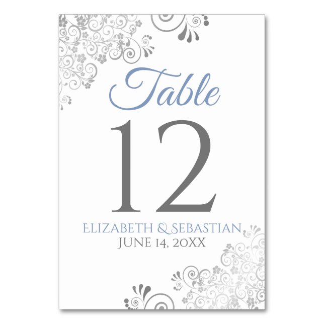 Light Blue & Gray Elegant Filigree Wedding Table Number (Front)